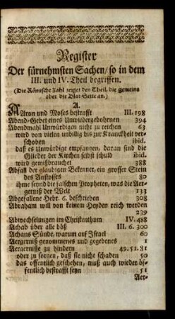 Register Der fürnehmsten Sachen/so in dem III. und IV. Theil begriffen