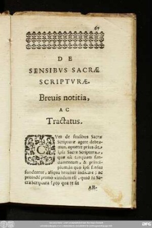De Sensibus Sacrae Scripturae. Brevis notitia, Ac Tractatus.