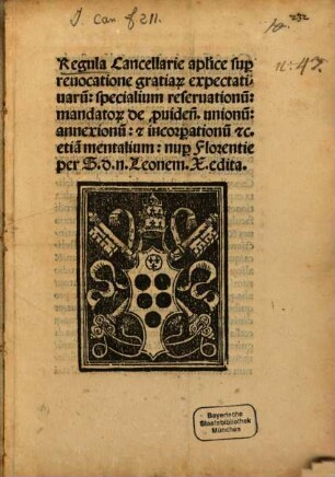 Regula cancellariae apostolicae super revocatione gratiarum exspectativarum ... : (Florentiae, 1515 ; Inc.: Attente considerans)