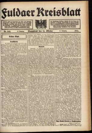 Erste Ausgabe vom Samstag, den 21. Oktober 1911.