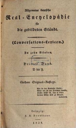 Allgemeine deutsche Real-Encyclopädie für die gebildeten Stände (Conversations-Lexicon). 3. D - F. - 1824