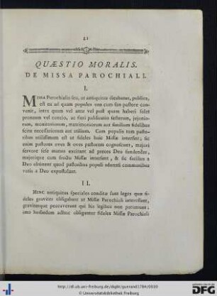 Quaestio Moralis. De Missa Parochiali.