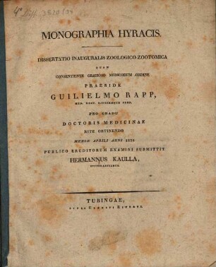 Monographia Hyracis : Dissertatio inauguralis zoologica-zootomica