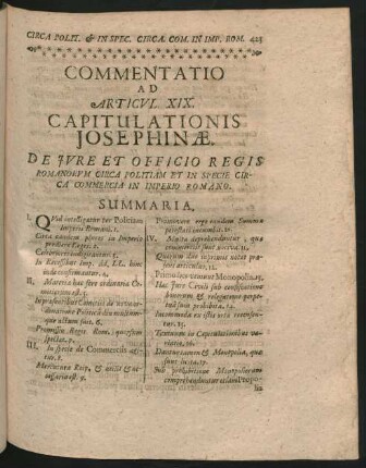 Commentatio Ad Articul XIX. Capitulationis Josephinae. De Jure Et Officio Regis Romanorum Circa Politiam ...