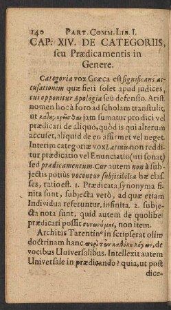 Cap. XIV. De Categoriis, seu Praedicamentis in Genere.