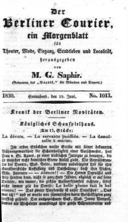 No. 1013, Sonnabend, den 19. Juni 1830