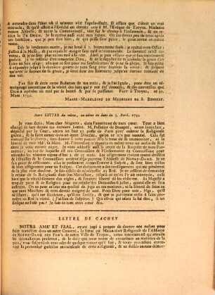 Lettre de Mgr. l'Évêque de Troyes à Monseigneur l'Évêque d'Auxerre au sujet de la guérison miraculeuse de Madame de Mégrigny, religieuse bénédictine de l'abbaye de N. Dame de Troyes