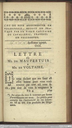 Lettre De M. De Maupertuis A. Mr. De Voltaire
