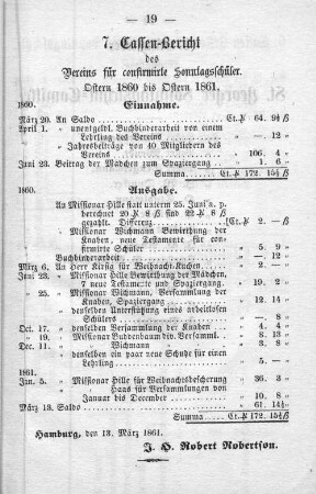 7. Cassen-Bericht des Vereins für confirmirte Sonntagsschüler. Ostern 1860 bis Ostern 1861.