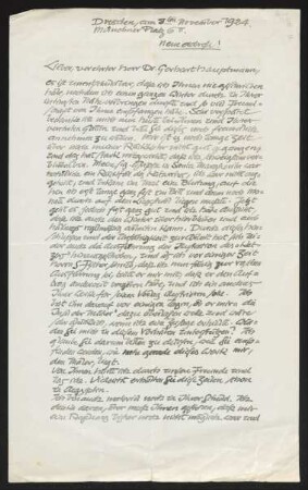 Brief von Otto Hettner an Gerhart Hauptmann
