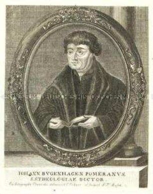 Oval gerahmtes halbfiguriges Bildnis des Reformators Johannes Bugenhagen mit aufgeschlagenem Buch, dahinter eine Säule