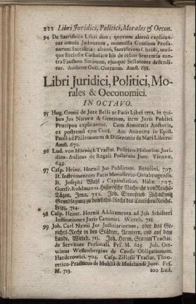 Libri Juridici, Politici, Morales & Oeconomici. In Octavo.