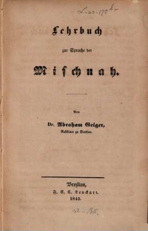 Lehr- und Lesebuch zur Sprache der Mischnah, 1. Lehrbuch zur Sprache der Mischnah