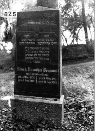 Grabstein 825 (Index: 99802375) Material: Granit, poliert Zustand: sehr gut Maße HxBxT: 156x61x18 cm Beschreibung: Sockel, obeliskenartige Stele Symbolik: Palmwedel, Inschriftenfeld in Form stilisierter Gesetzestafeln Besonderheit: Endreim: Grabstein 825