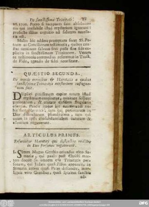 Quaestio Secunda. De variis erroribus & Haereticis a quibus sanctissimae Trinitatis mysterium impugnatum fuit.