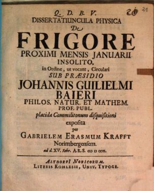 Dissertatiuncula physica de frigore proximi mensis Ianuarii insolito