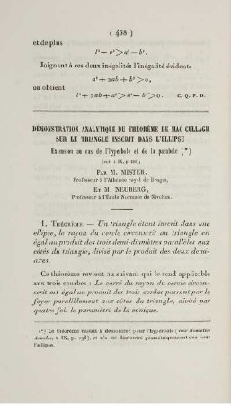 Démonstration analytique du théorème de Mac-Cullagh sur le triangle inscrit dans l'ellipse.
