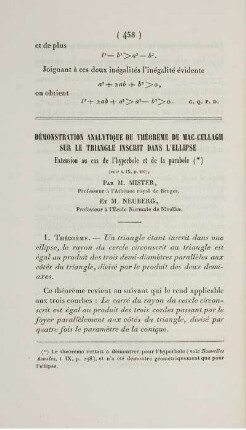 Démonstration analytique du théorème de Mac-Cullagh sur le triangle inscrit dans l'ellipse.