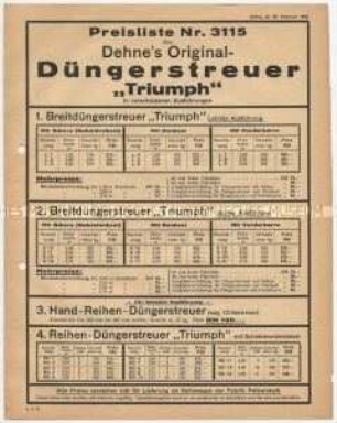 Preisliste Nr. 3115 über Düngerstreuer "Triumph"