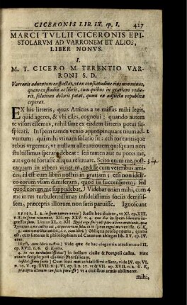 Marci Tullii Ciceronis Epistolarum Ad Varronem Et Alios Liber Nonus.