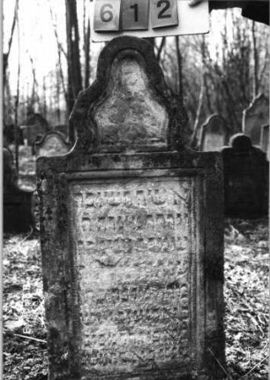 Grabstein 612 (Index: 99753131) Material: Sandstein Zustand: stark verwittert mit Textverlust Maße HxBxT: 111x55x10 cm Beschreibung: Stele, eingezog. Abschl:Sonderform, rechteck. Schriftfeld eingetieft: Grabstein 612