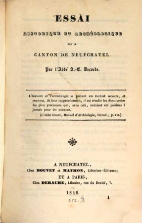 Essai historique et archéologique sur le canton de Neufchâtel