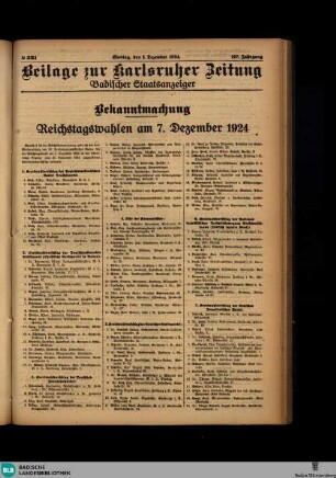 Karlsruher Zeitung, Bekanntmachung. Reichstagswahlen am 7. Dezember 1924