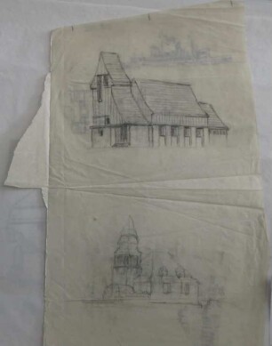 [Zwei Kirchenentwürfe Rückseite: Studien zu Dampfschiff, Wohnhaus und Parkbank]