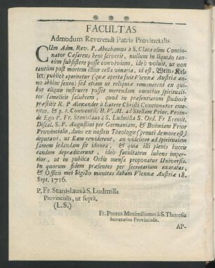Facultas Admodum Reverendi Patris Provincialis