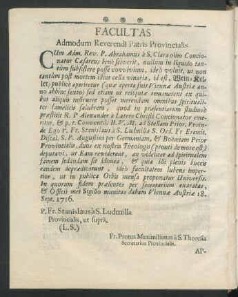 Facultas Admodum Reverendi Patris Provincialis