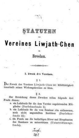 Statuten des Vereines Liwjath-Chen in Breslau