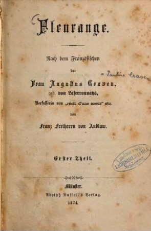 Fleurange : Nach dem Französischen der Frau Augustus Craven, geb. von Laferronnays, von Franz Freiherrn von Andlaw, 1