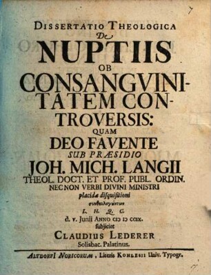 Diss. theol. de nuptiis ob consanguinitatem controversis