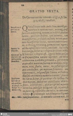 Oratio Sexta. De Germanorum veterum origine, & lingua, eiusq[ue] vetustate
