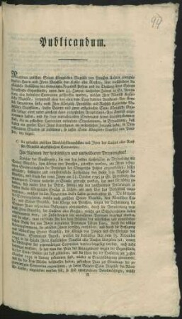Publicandum. Nachdem zwischen Seiner Königlichen Majestät von Preußen Unserm allergnädigsten Herrn und Ihrer Majestät dem Kaiser aller Reußen, über verschiedene die gänzliche Auflösung der ehemaligen Republik Pohlen und die Theilung ihres Gebiets betreffende Gegenstände, unter dem 15./20. Januar laufenden Jahres zu St. Petersburg eine besondere Convention geschlossen worden ... : Gegeben Berlin den 15ten September 1797
