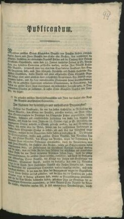 Publicandum. Nachdem zwischen Seiner Königlichen Majestät von Preußen Unserm allergnädigsten Herrn und Ihrer Majestät dem Kaiser aller Reußen, über verschiedene die gänzliche Auflösung der ehemaligen Republik Pohlen und die Theilung ihres Gebiets betreffende Gegenstände, unter dem 15./20. Januar laufenden Jahres zu St. Petersburg eine besondere Convention geschlossen worden ... : Gegeben Berlin den 15ten September 1797