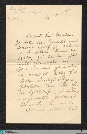 Brief von Felix Mottl an Cosima Wagner, 1894 - K 2412,3