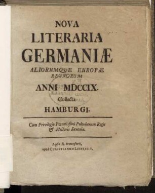 7: Nova literaria Germaniae, aliorumque Europae regnorum, collecta Hamburgi