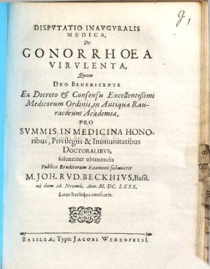 Disputatio Inauguralis Medica, De Gonorrhoea Virulenta