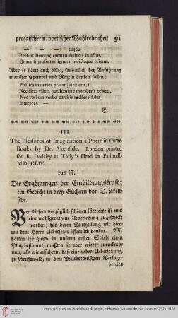 2: [Rezension von: The Pleasures of Imagination, á Poem in three Books by Dr. Akenside. London, 1754]