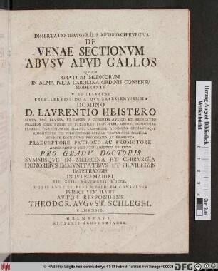 Dissertatio Inavgvralis Medico-Chirvrgica De Venae Sectionvm Abvsv Apvd Gallos