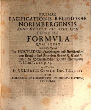 Dissertatio Inavgvralis Et Historica De Prima Pace Religiosa Norimbergensi