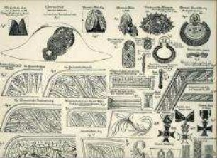 Uniformdarstellung, Detailstudie Hüte, Helme, Kragenstickereien, Epauletten, Ärmelstickereien der Generalität, für Offiziere und höhere Beamte, Orden, Königreich Bayern, 1806/1859. Beiblatt 6 zu Tafel IV aus: Müller/Braun: Königl. Bayerische Armee.