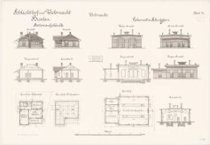 Schlachthof und Viehmarkt, Breslau Stationsgebäude, Lokomotivschupppen: Stationsgebäude: Grundriss Erdgeschoss Dachgeschoss Querschnitt Längsschnitt Ansichten 1:100. Lokomotivschuppen: Grundriss Querschnitt Längsschnitt Vorderansicht, Hinteransicht, Längenansicht 1:100