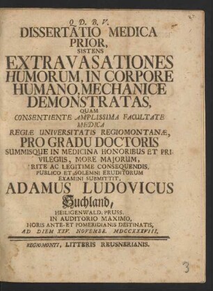 Dissertatio Medica Prior, Sistens Extravasationes Humorum, In Corpore Humano, Mechanice Demonstratas