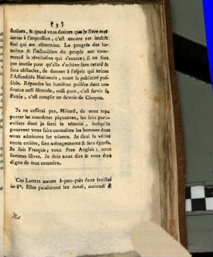 Journal historique & philosophique de la constitution ou lettres d'un Français à Milord Roberthon : Ankündigung