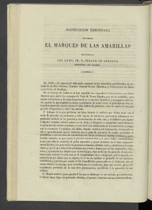 Instruccion Reservada Que Trajo El Marqués De Las Amarillas Recibida Del Exmo. Sr. D. Julian De Arriaga Ministro De Indias