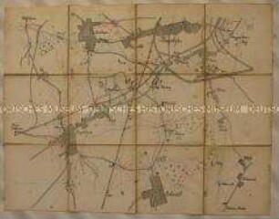 Schematische Karte der Gegend südlich von Königshofen im Elsass mit Einzeichnung von Truppenbewegungen (rot, blau)