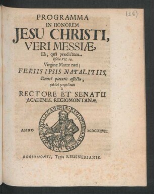Programma In Honorem Jesu Christi, Veri Messiae, Ea, qua praedictum Esaiae VII. 14. Virgine Matre nati