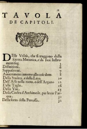 Tavola De Capitoli.